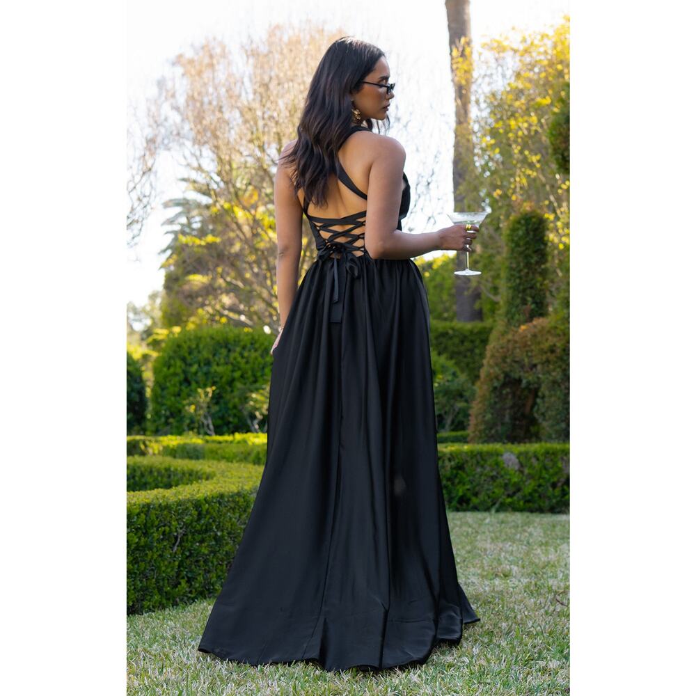 Show Me Your Mumu Abigail Maxi Dress in Black Luxe Satin L NWT